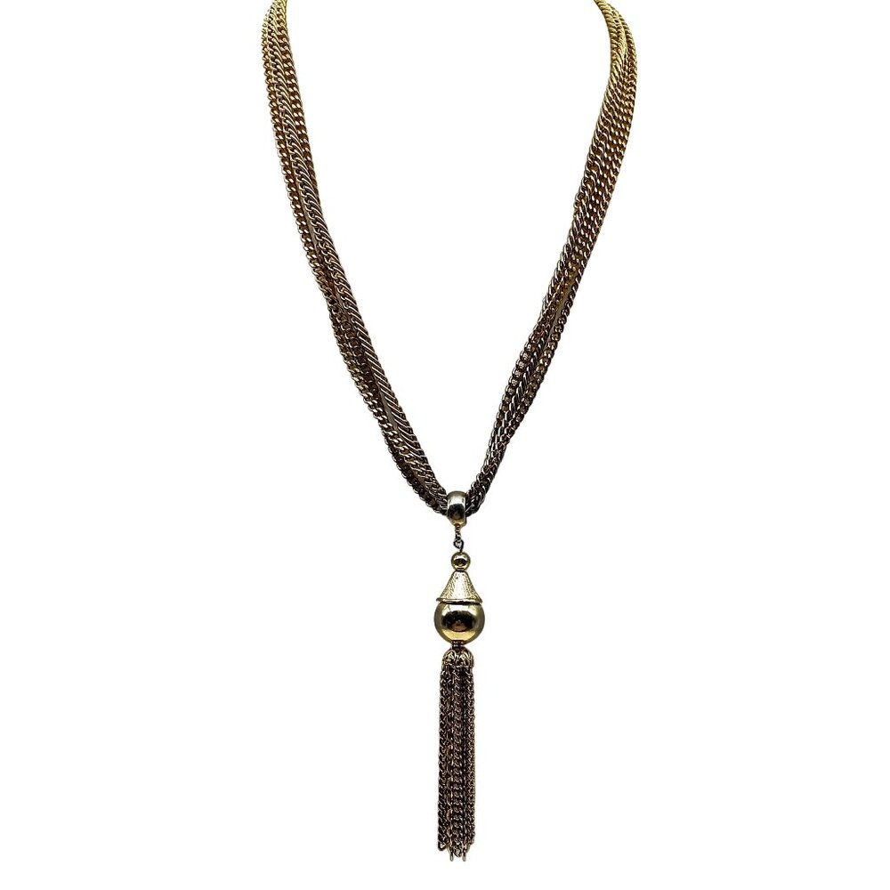 Vintage Ball Tassel Pendant Necklace, Gold Tone Triple Strand Chain with Mod Cap
